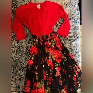 Agnes & Dora Red and Black Floral Midi Dress